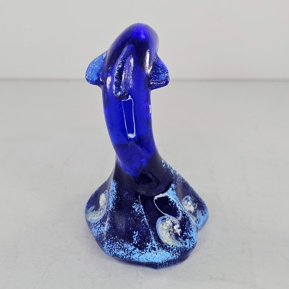 Fenton Art Glass Figurine Cobalt Blue Dolphin On Wave 4" Signed Hand Painted - Picture 7 of 10
